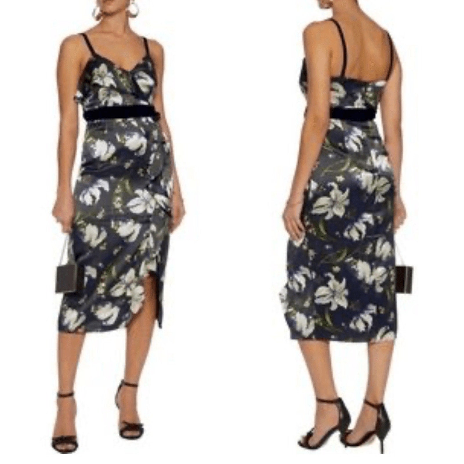 New Cinq A Sept Leena Black Floral Velvet Silk Midi Dress Womens Size 0 Wedding