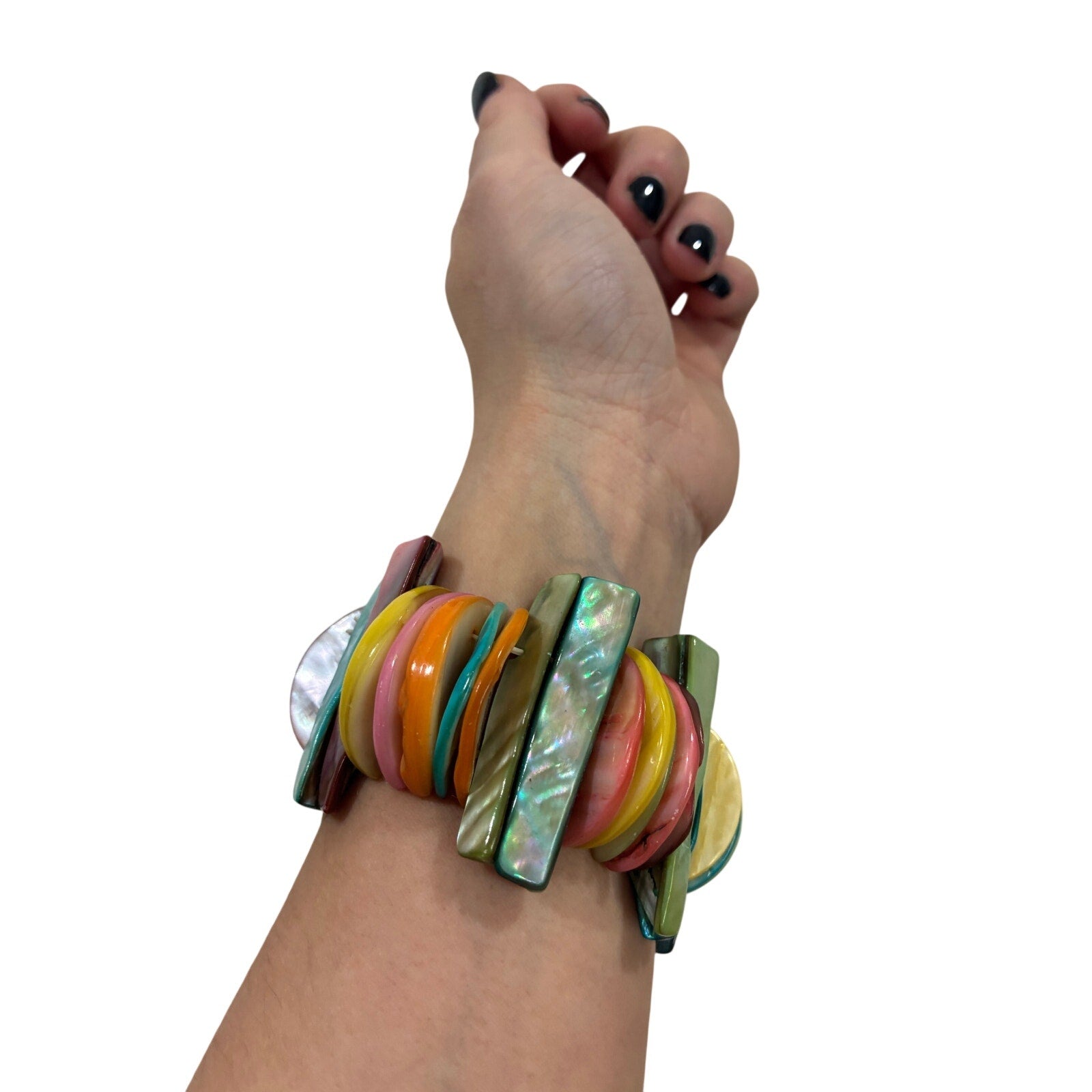 Beaded Mother of Pearl Stretch Bracelet Rainbow Faux Stone One Size Stretchy