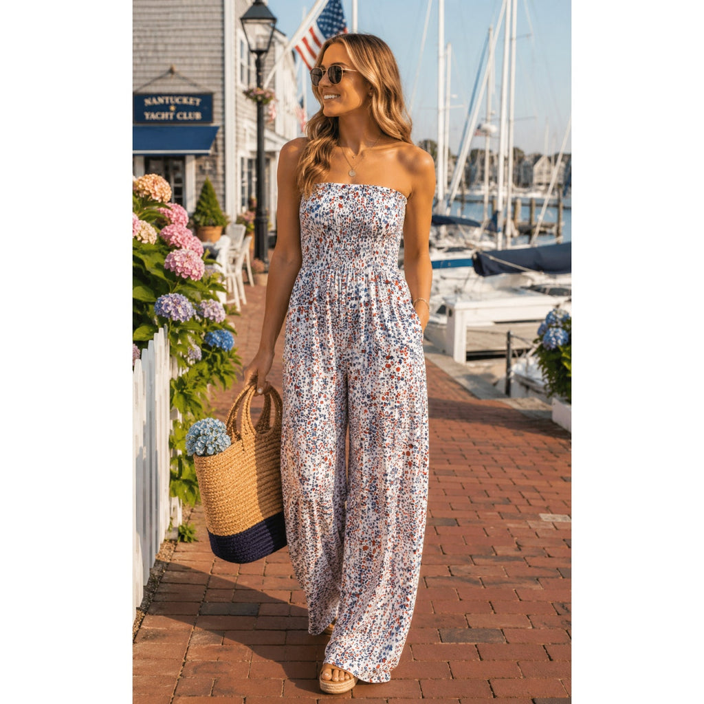 Japna Floral Strapless Jumpsuit American Red White and Blue Nautical Vacation S