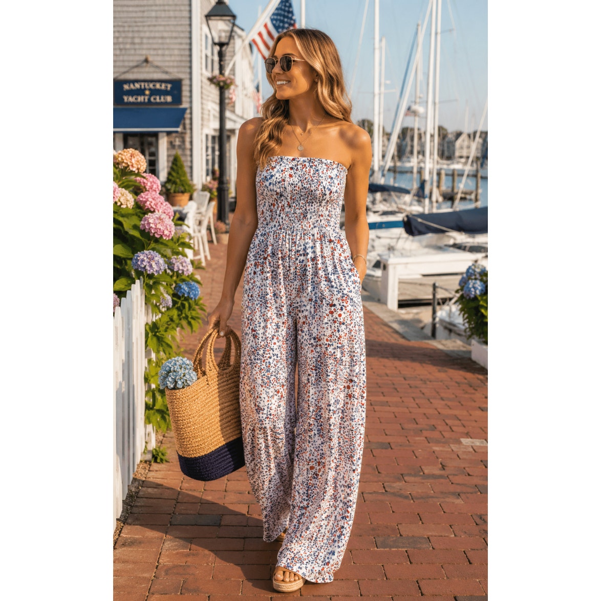 Japna Floral Strapless Jumpsuit American Red White and Blue Nautical Vacation S
