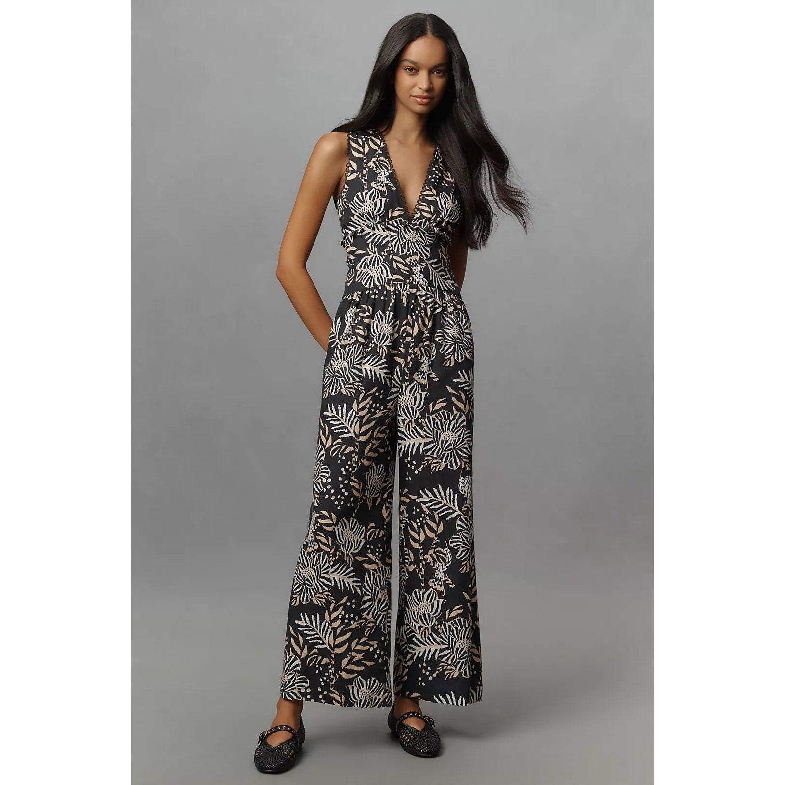 NWT Farm Rio x Anthropologie Printed V-Neck Jumpsuit Black Floral Boho Western S