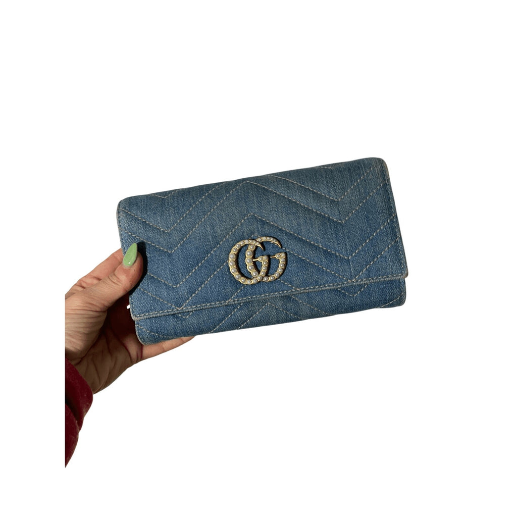 NWT Gucci Marmont Denim Pearl Zippy Wallet Limited Edition Preppy Denim Glam