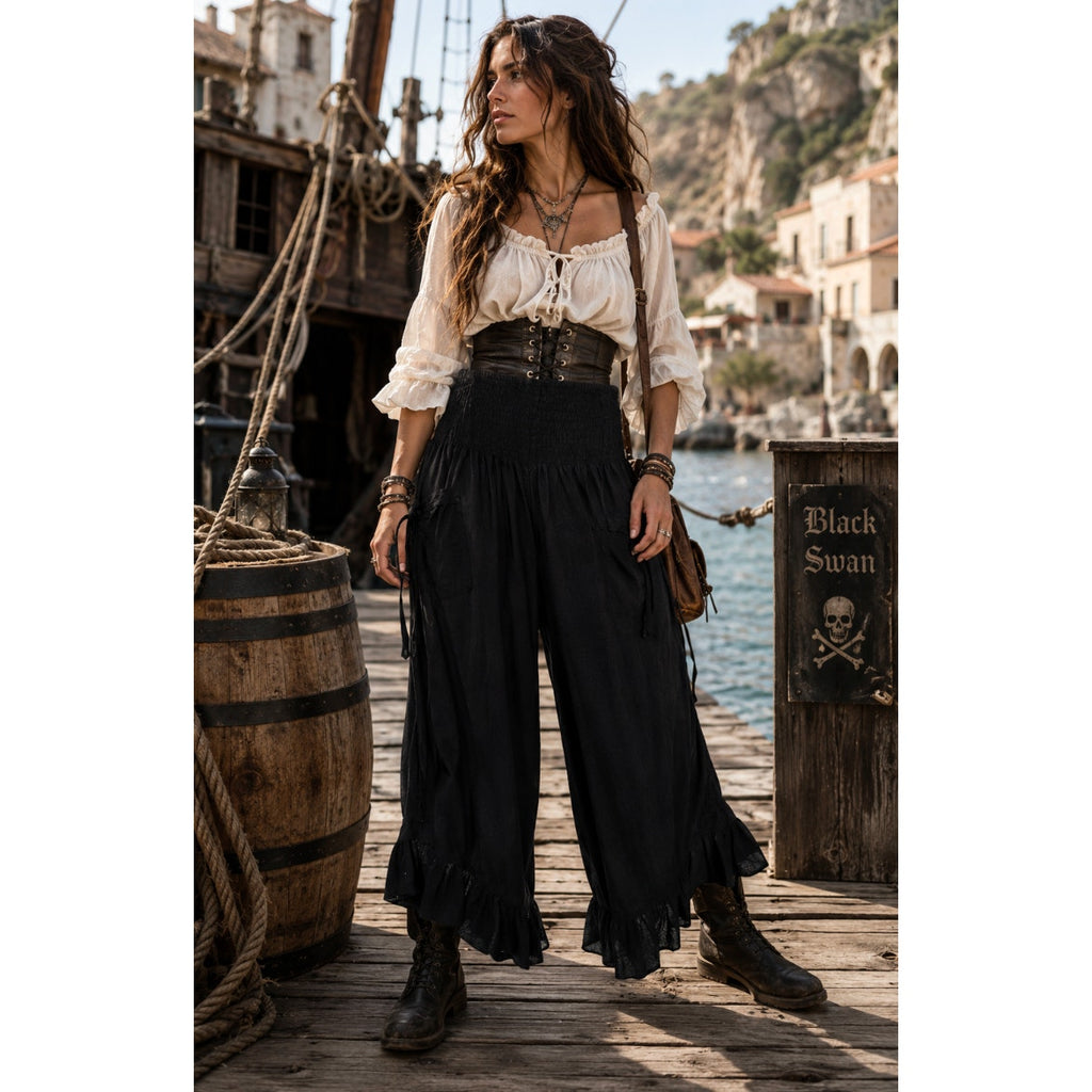 Zury Pirate Black Pants Free Size Costume Gauzy Retro Ruffle Halloween Cotton