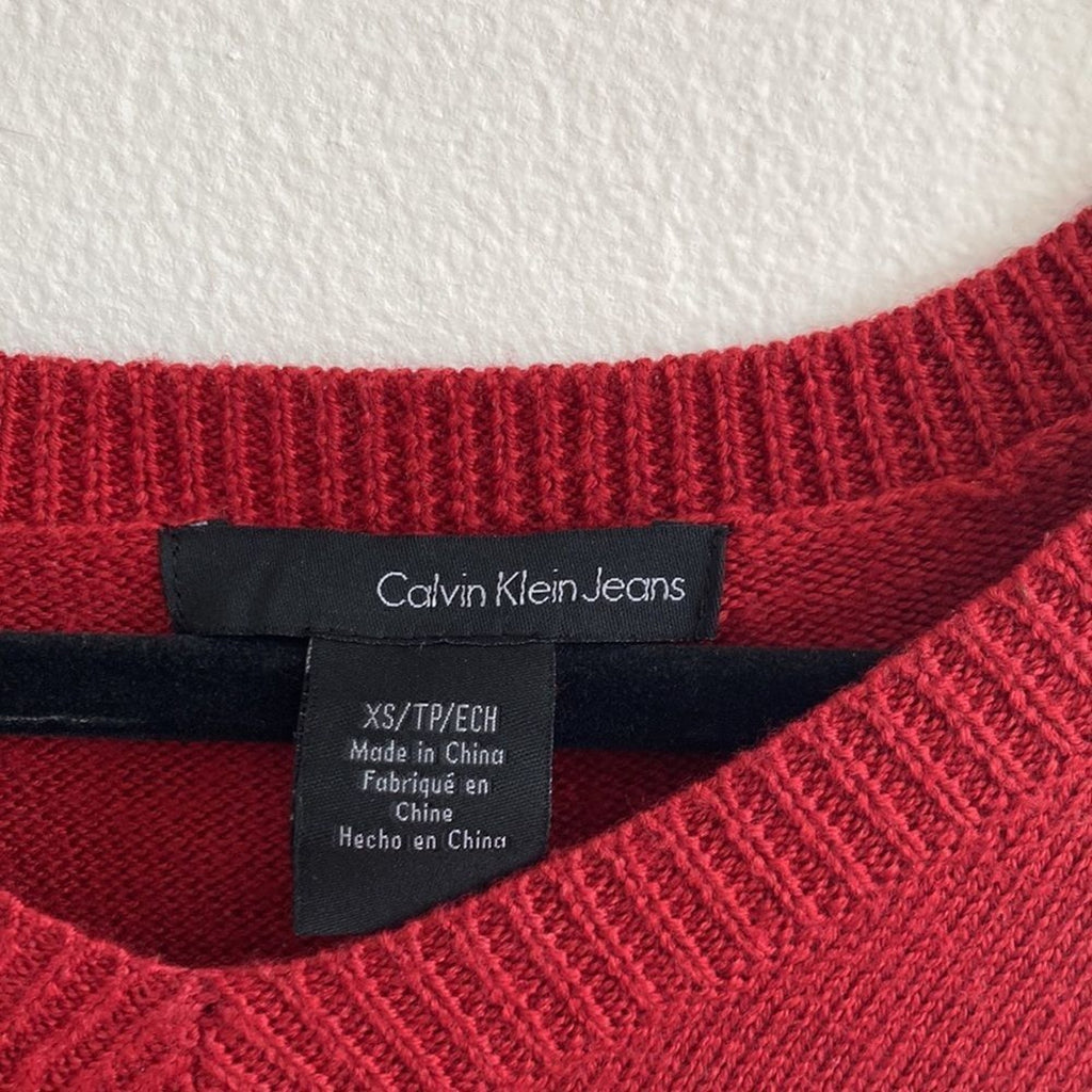 Calvin Klein Jeans V Neck Marino Wool Sweater Women's Pullover Basic Preppy XS