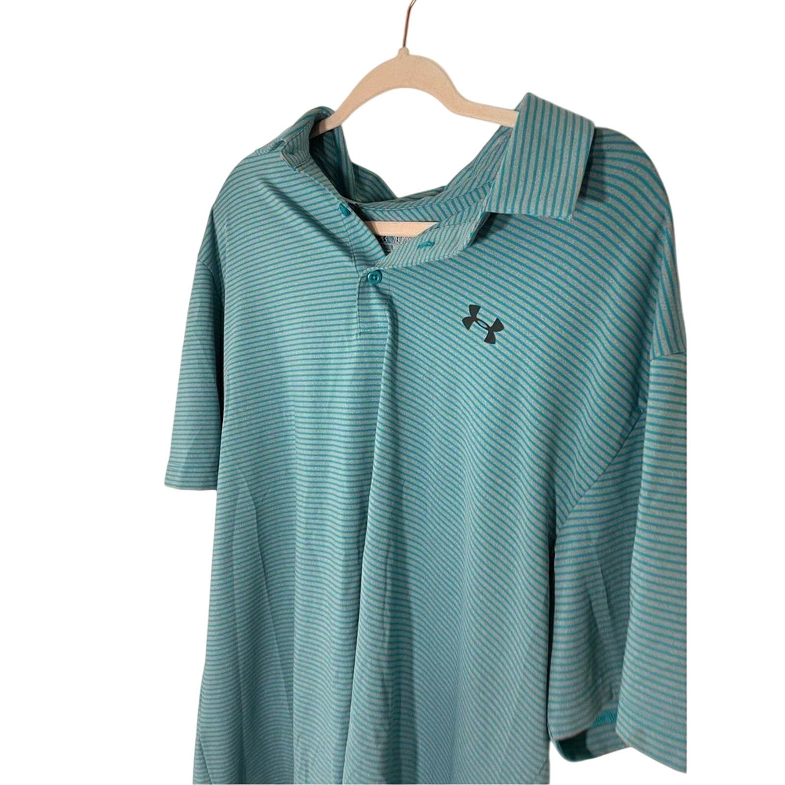 Men's Under Armour Teal Stripe 2XL Button Golf Tech Polo Country Club Preppy