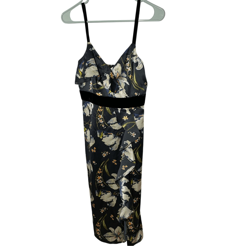New Cinq A Sept Leena Black Floral Velvet Silk Midi Dress Womens Size 0 Wedding
