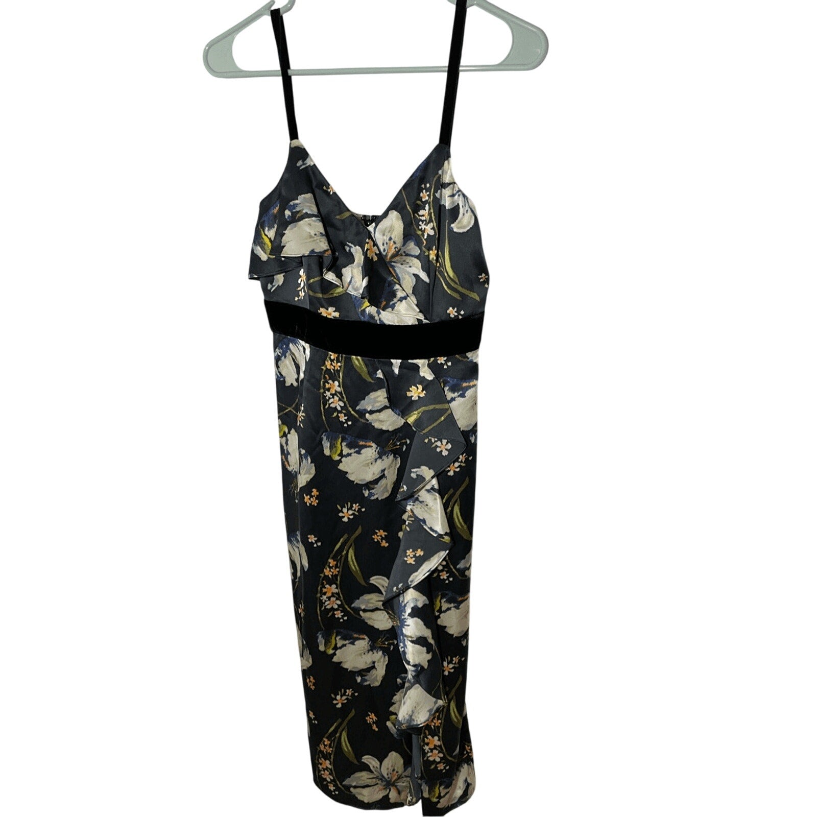 New Cinq A Sept Leena Black Floral Velvet Silk Midi Dress Womens Size 0 Wedding