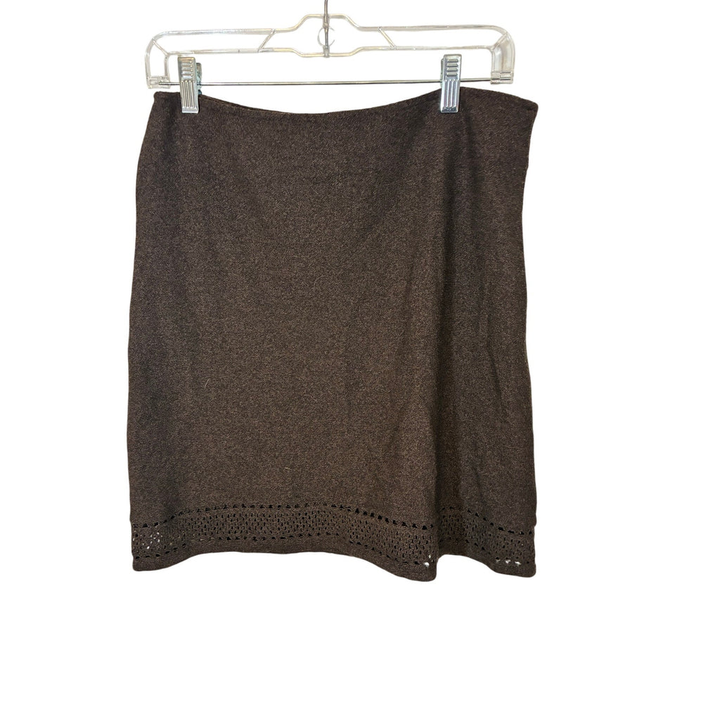St. John Collection Brown Bouclé Wool Blend Crinkle Knit Pointelle Wrap Skirt M