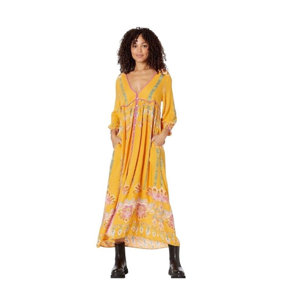 Free People Foley Maxi Dress Women’s M Yellow Duster Shirt Dress Boho Festival