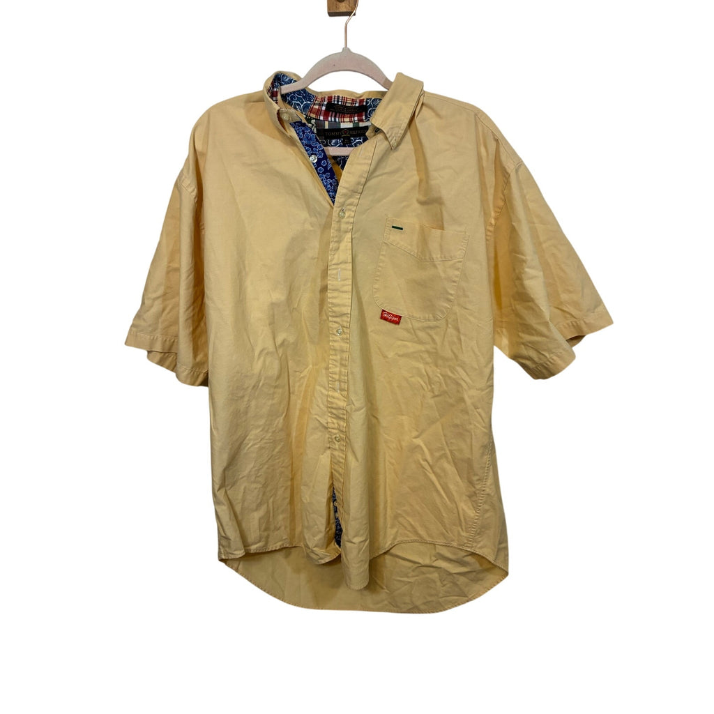 Vintage Tommy Hilfiger Y2K Yellow Button Down Shirt XL Patch Trim Coastal Preppy