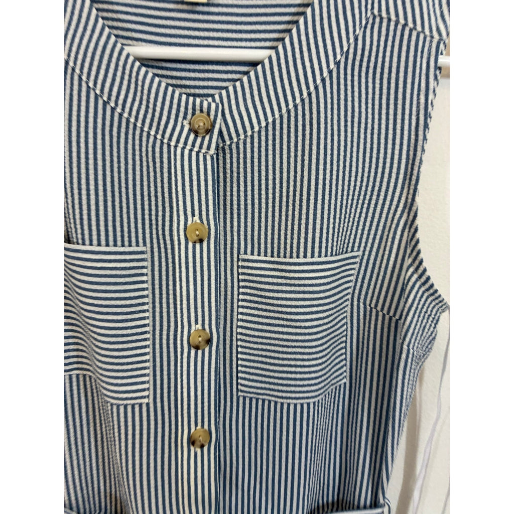Monteau Coastal Preppy Sleeveless Button Front Belted Fit Flare Dress Pockets XS