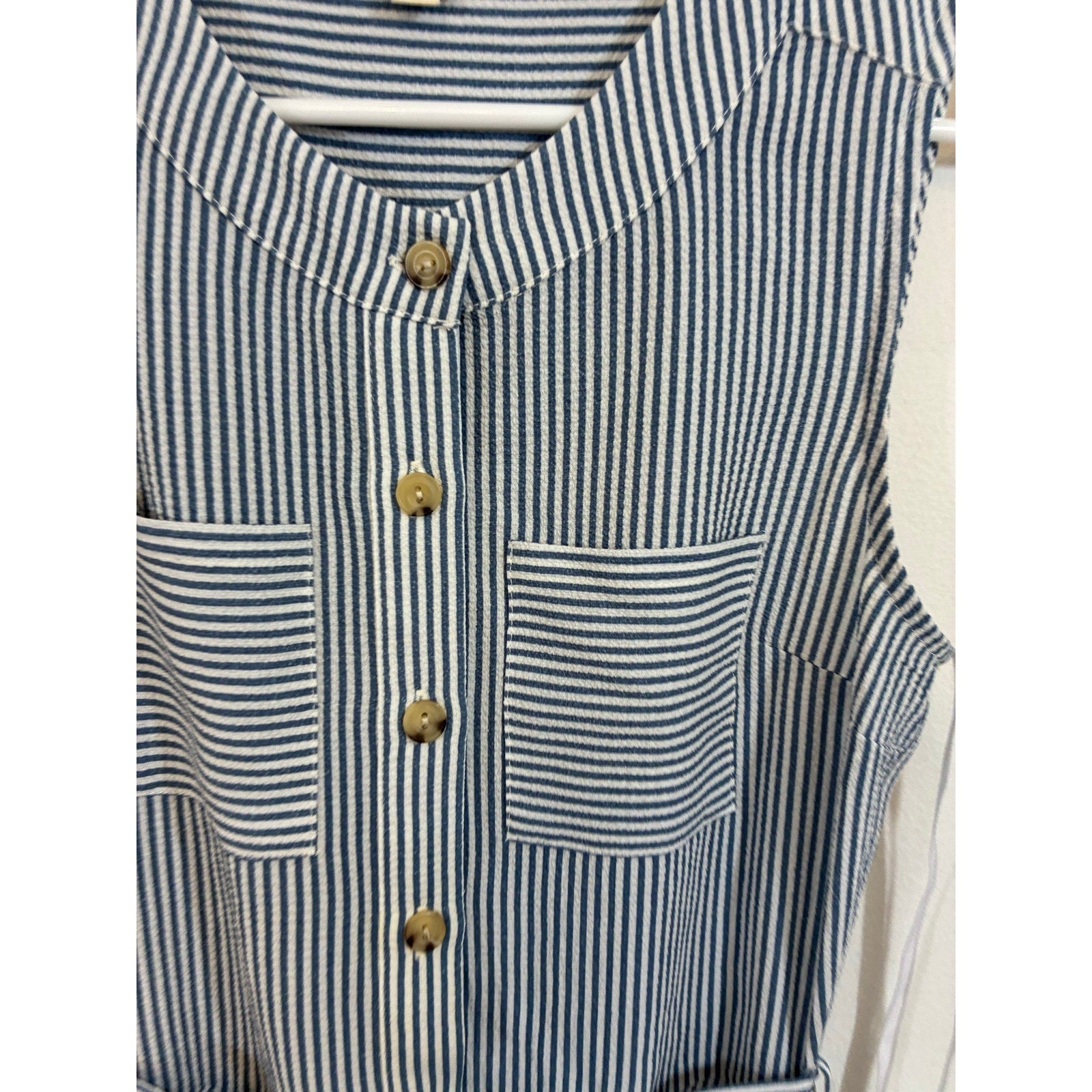 Monteau Coastal Preppy Sleeveless Button Front Belted Fit Flare Dress Pockets XS