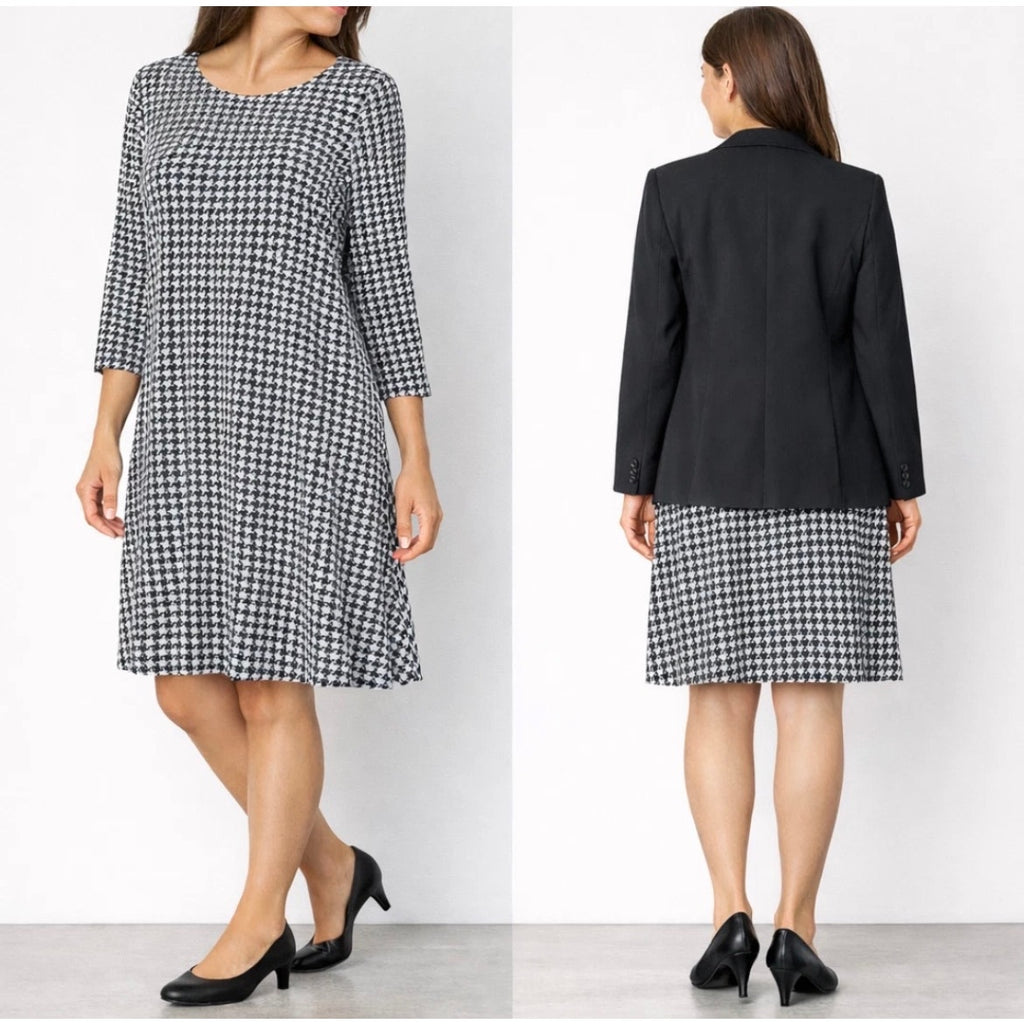 J. Jill Wearever Houndstooth Shift Dress Womens Medium Black White Career Knit