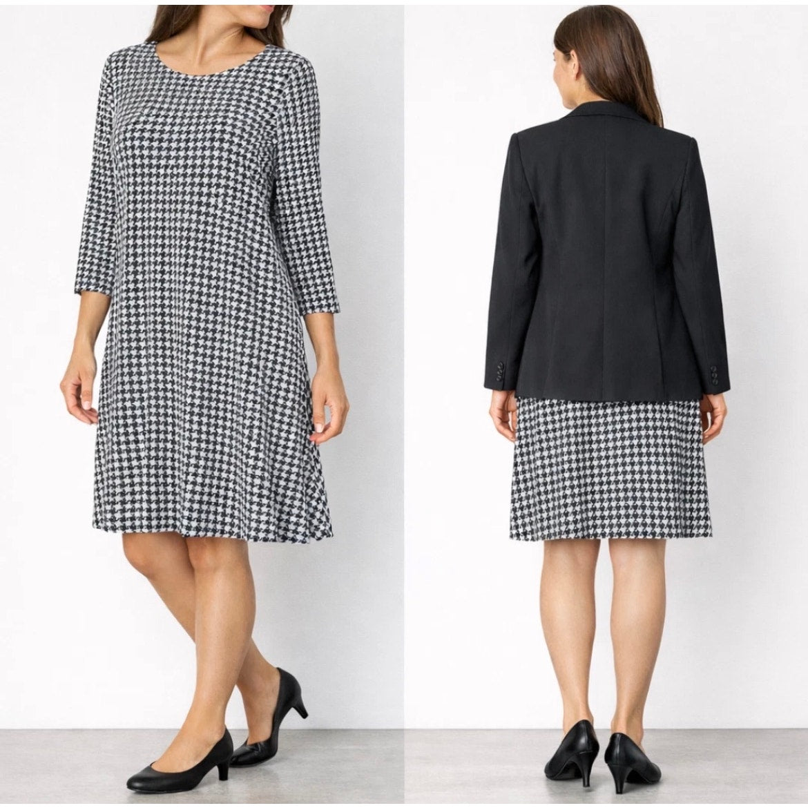 J. Jill Wearever Houndstooth Shift Dress Womens Medium Black White Career Knit