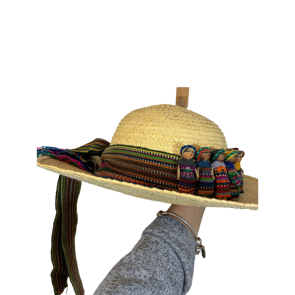 Guatemalan Worry Doll Woven Straw Hat Travel Tourist Coastal Vintage EUC