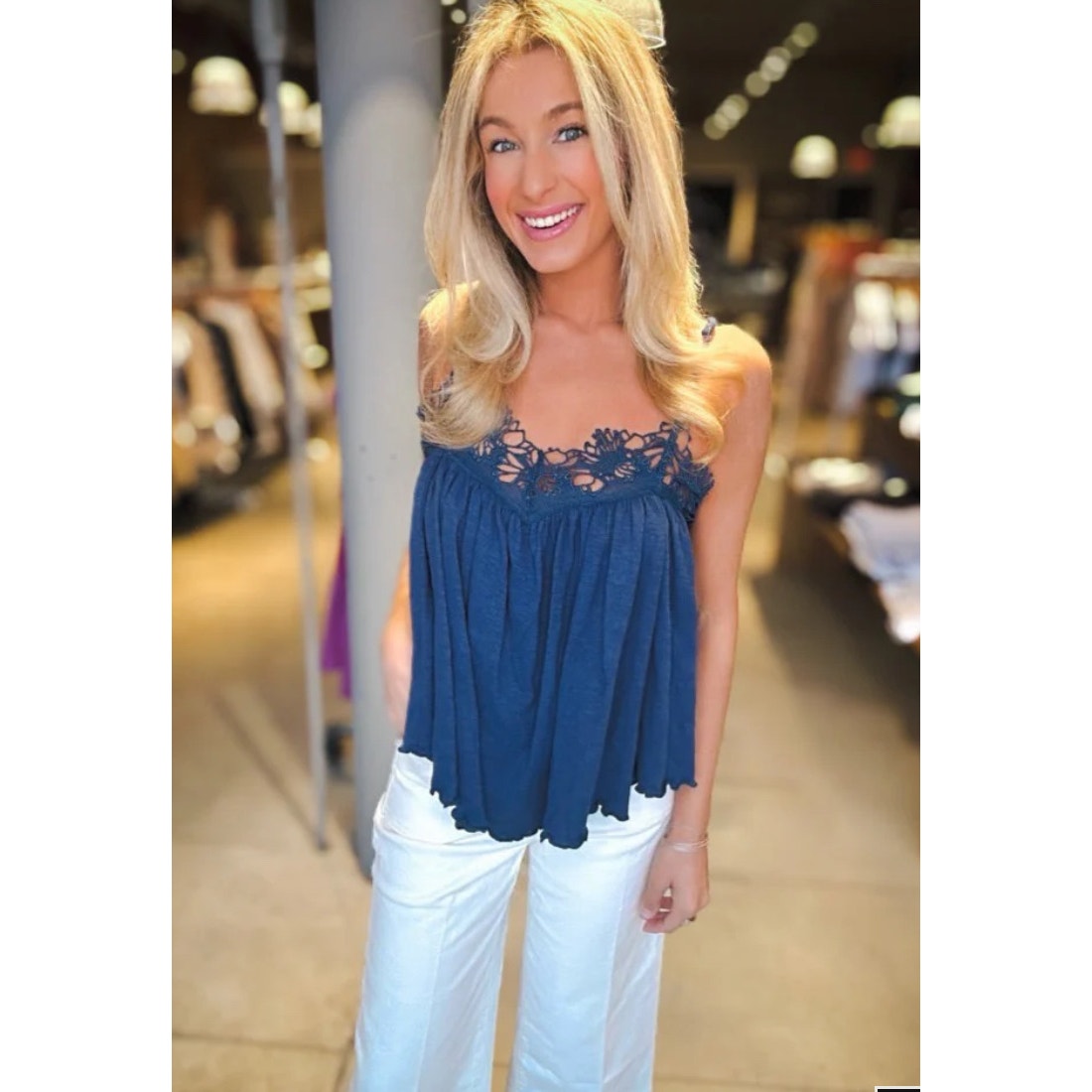 Navy FREE PEOPLE KAYLA TANK Women's Boho Crochet Lace Dainty Preppy Minimal L