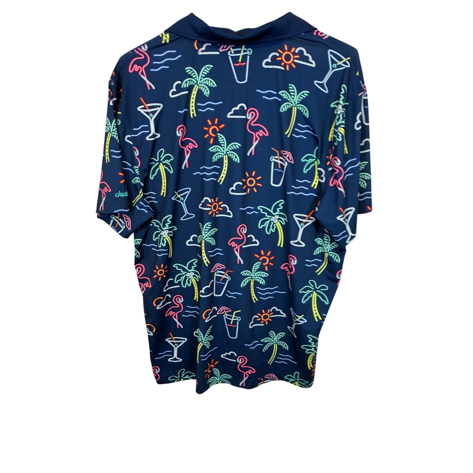 Chubbies Mens Performance Golf Polo Neon Flamingo Drinks Martini Blue Sz L