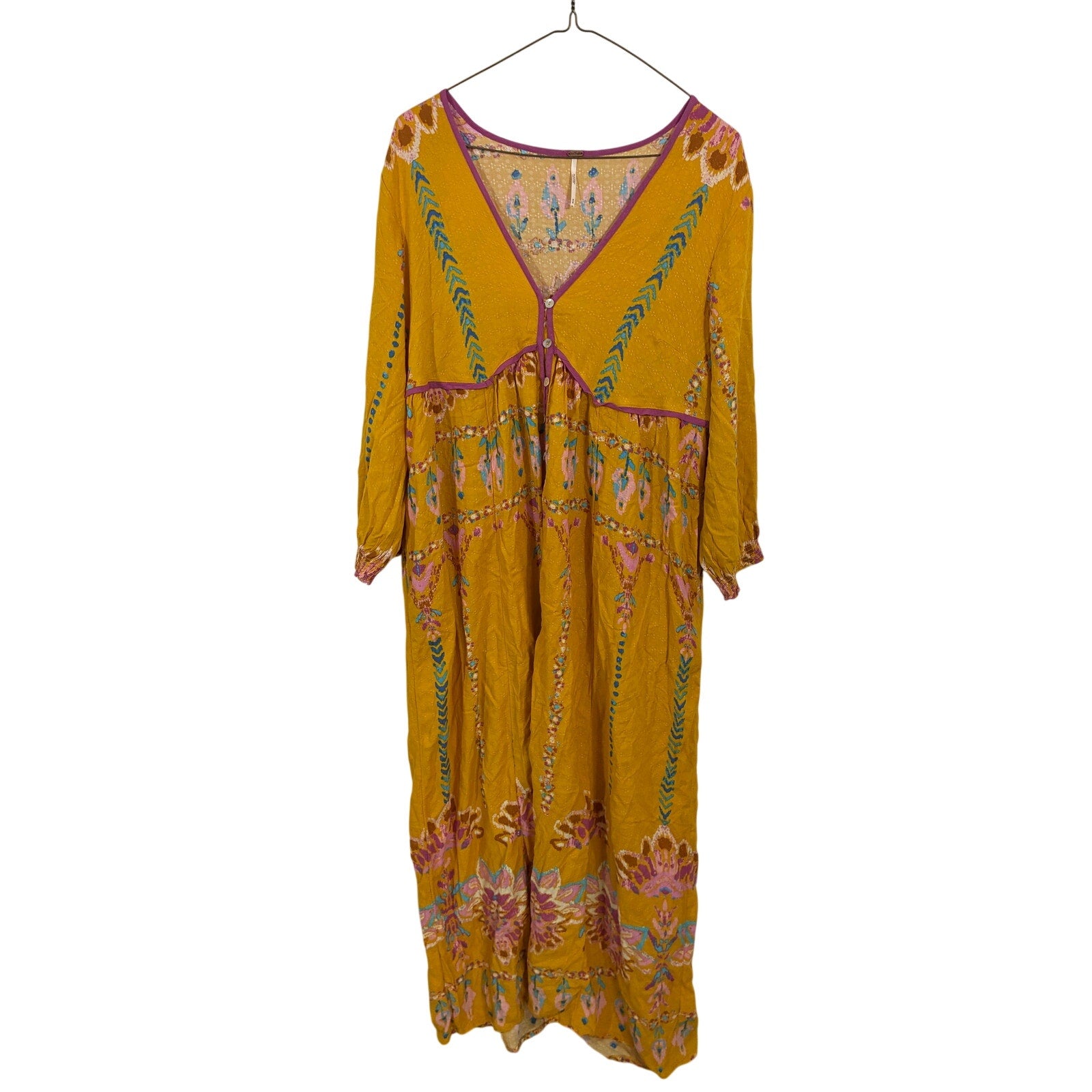 Free People Foley Maxi Dress Women’s M Yellow Duster Shirt Dress Boho Festival