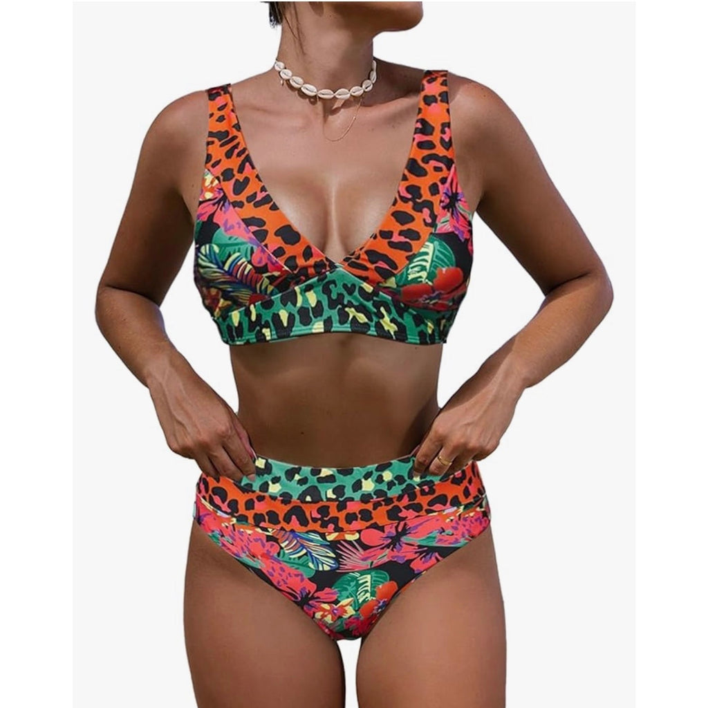 popvil Women's Floral Print High Waisted V Neck Two Piece Swimsuit, Floral-1, S