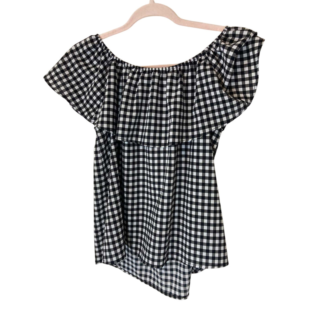 Sanctuary Off Shoulder MinimalistGingham Checkered  Blouse