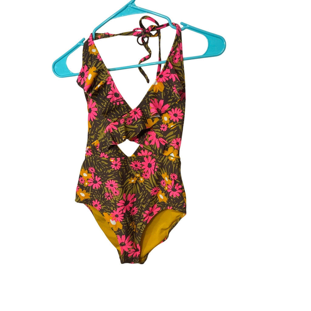 Aerie Floral Ruffle Halter Cutout One Piece Full Coverage Swimsuit Womens XS
