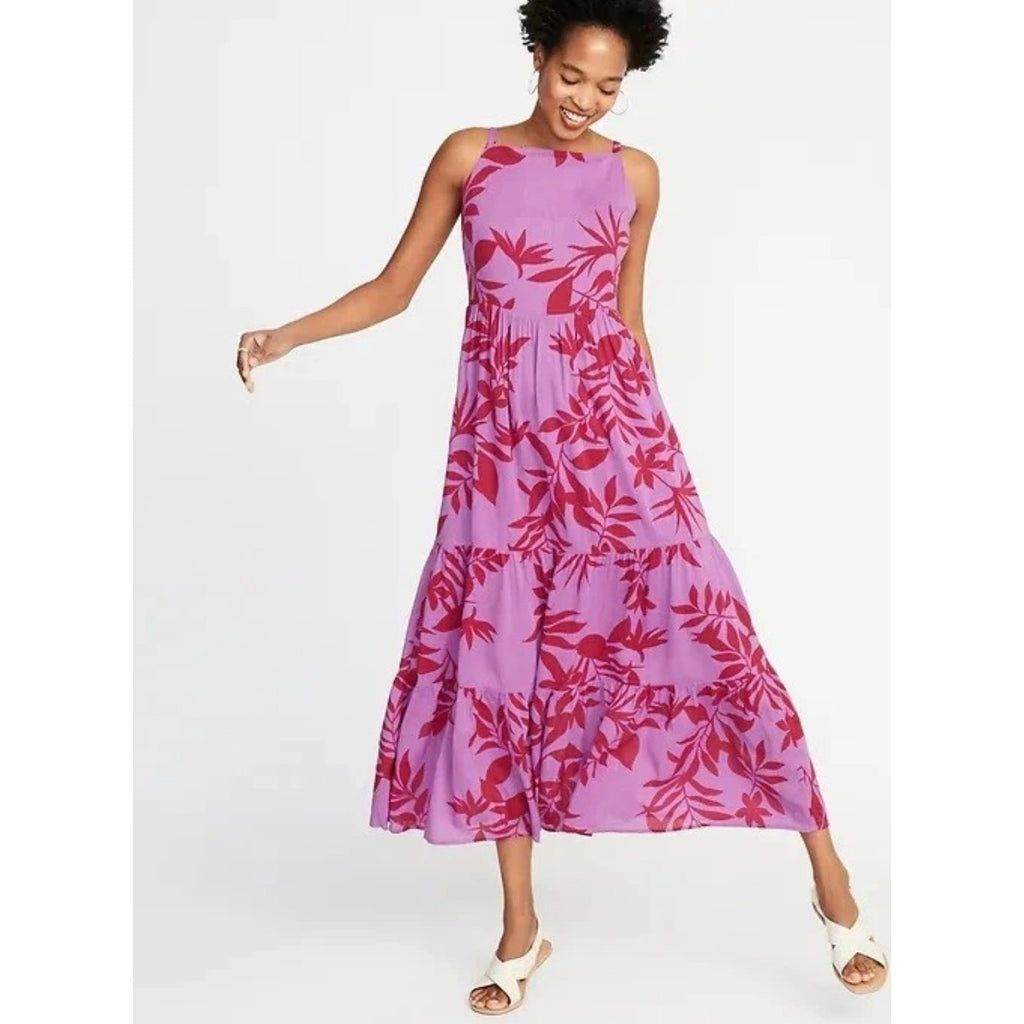 Old Navy Purple Tropical Print Hibiscus Maxi Dress Vacation Boho Western Beach S