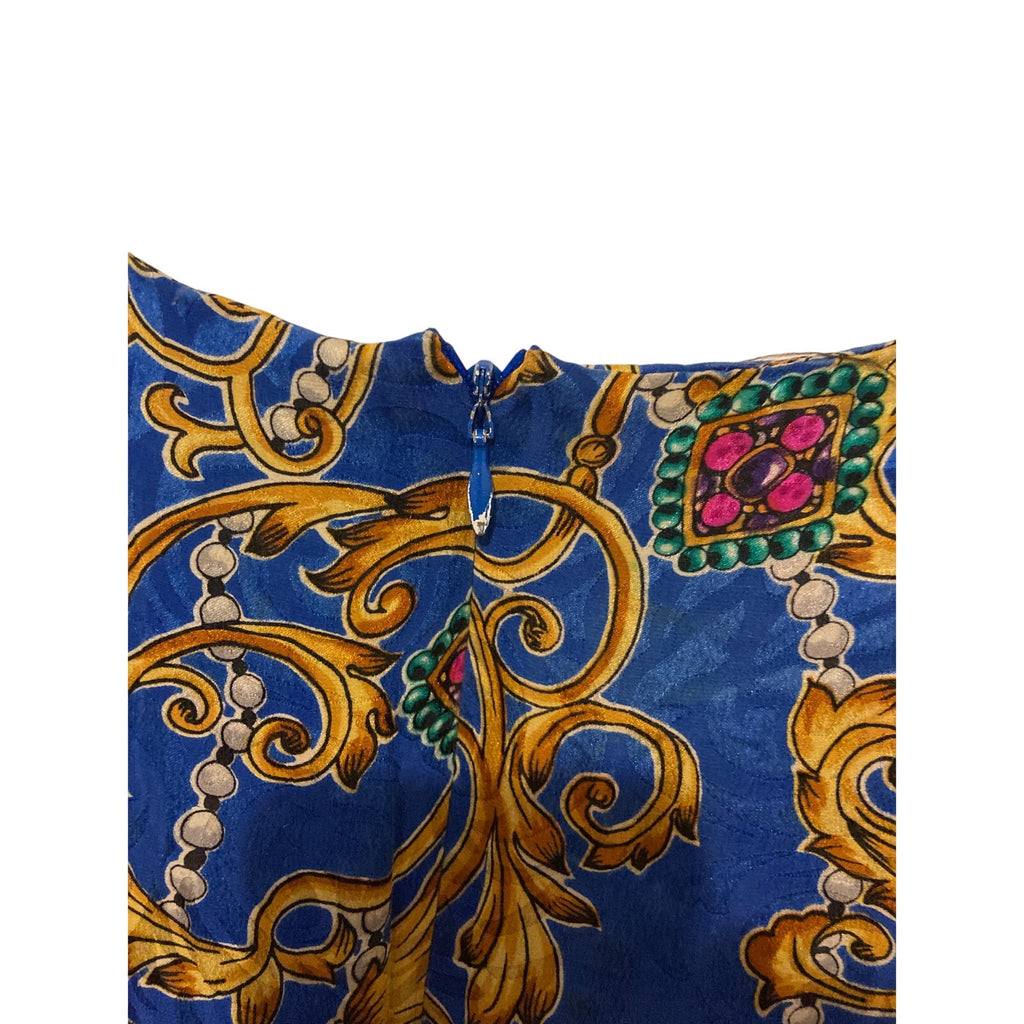 Vintage Silk Patterned Blue Front Tie Wrap Dress Retro Swing Women Midi