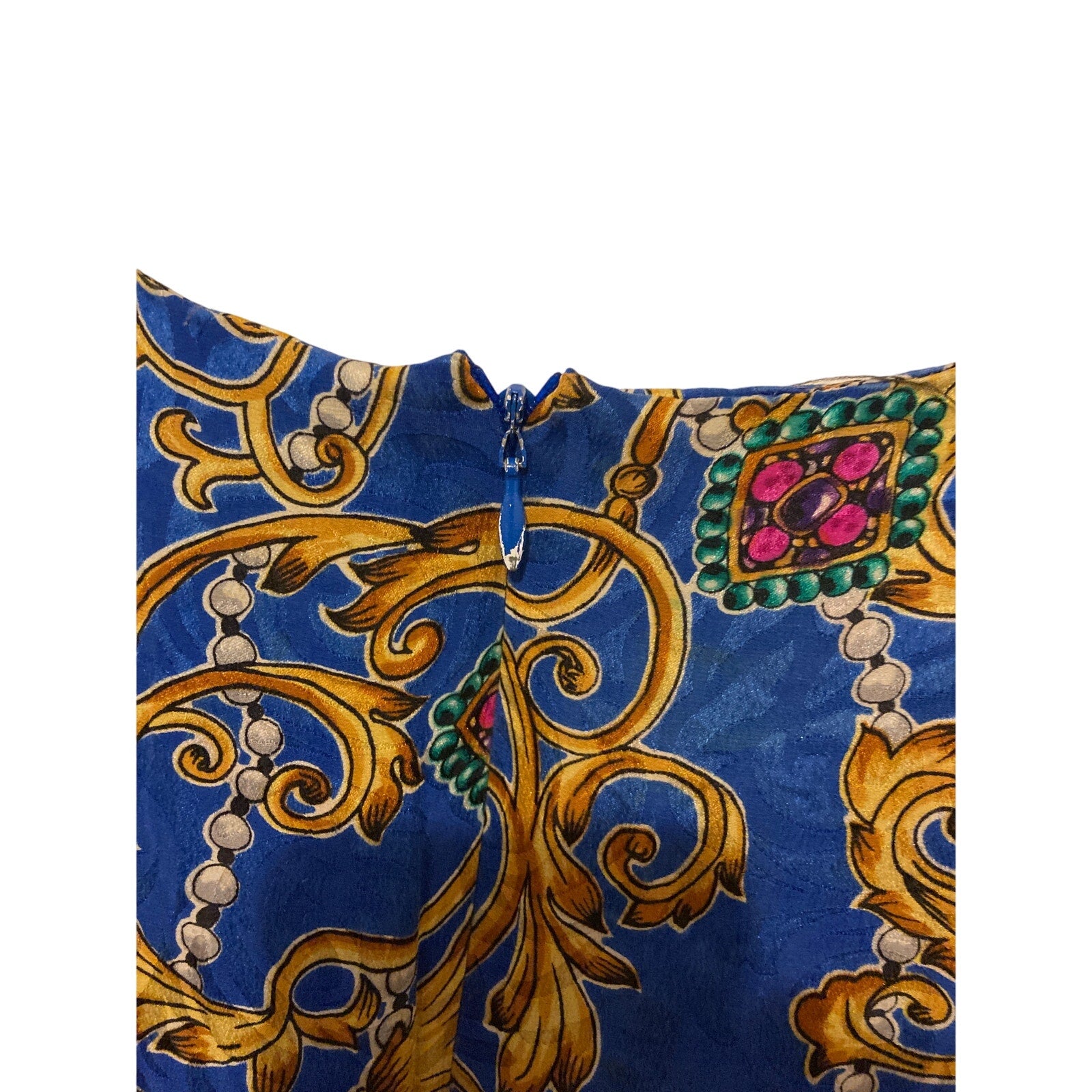 Vintage Silk Patterned Blue Front Tie Wrap Dress Retro Swing Women Midi
