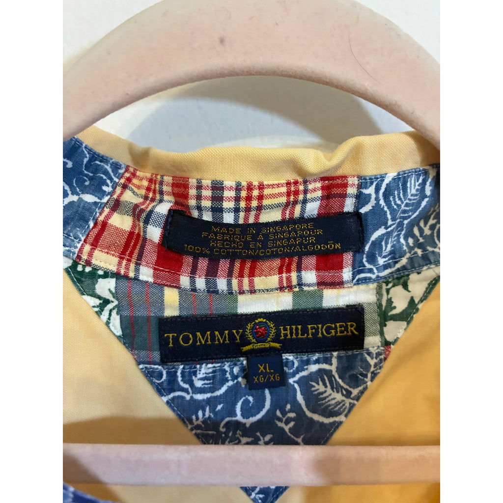 Vintage Tommy Hilfiger Y2K Yellow Button Down Shirt XL Patch Trim Coastal Preppy
