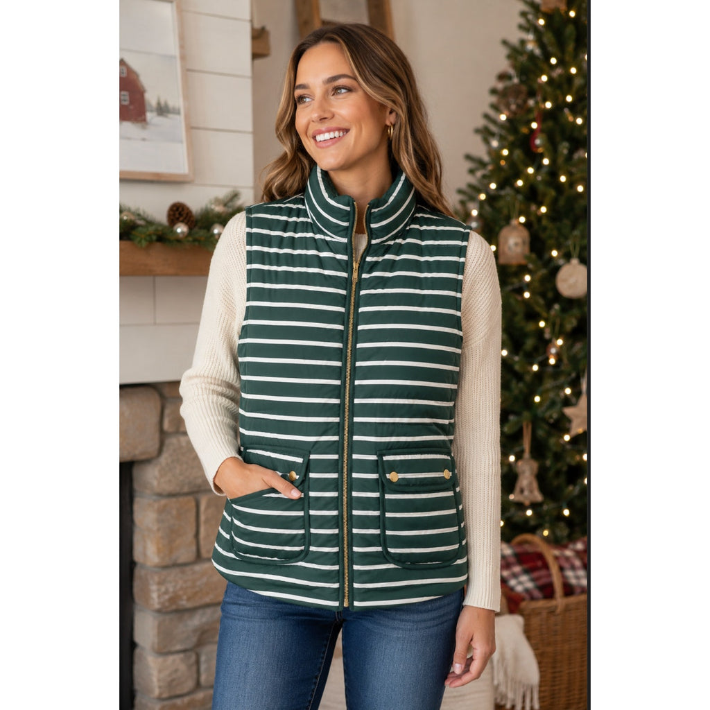 Activology Women's Sleeveless Green  Holidaycore Striped Puffer Vest