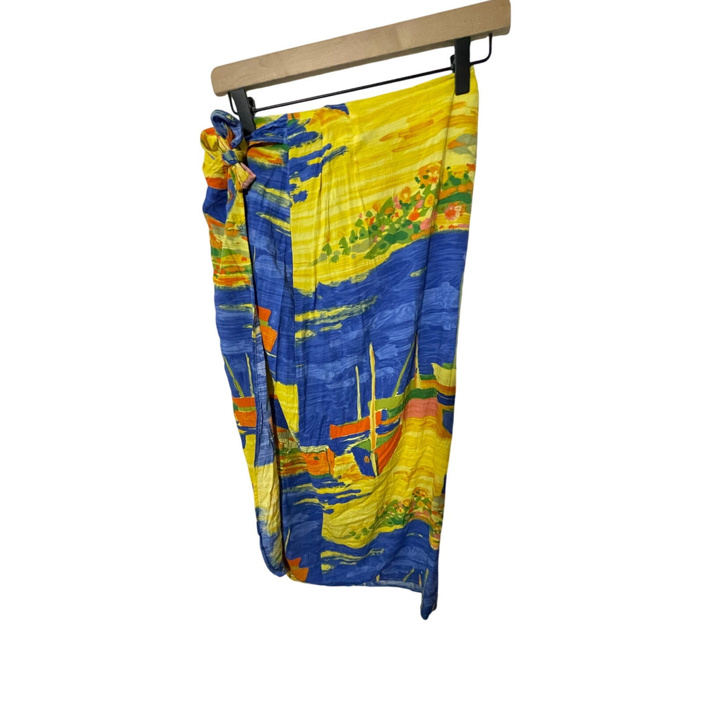 Vintage Jams World Low Tide Blue Yellow Sail Boats Tie Wrap Skirt S Coastal Boho