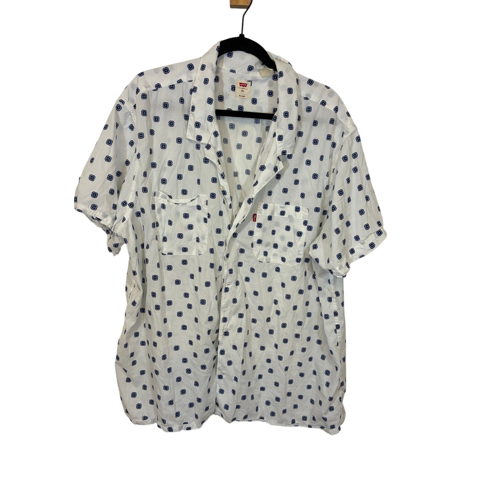 Levi’s Men’s XXL White Blue Geometric Print Cotton Button Up Shirt Retro Dad