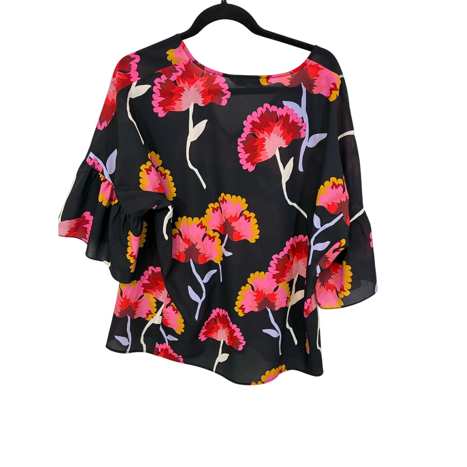 Crosby by Mollie Burch Floral Resortwear Bell Sleeve Blouse Black Pink XL Boho