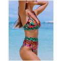 popvil Women's Floral Print High Waisted V Neck Two Piece Swimsuit, Floral-1, S