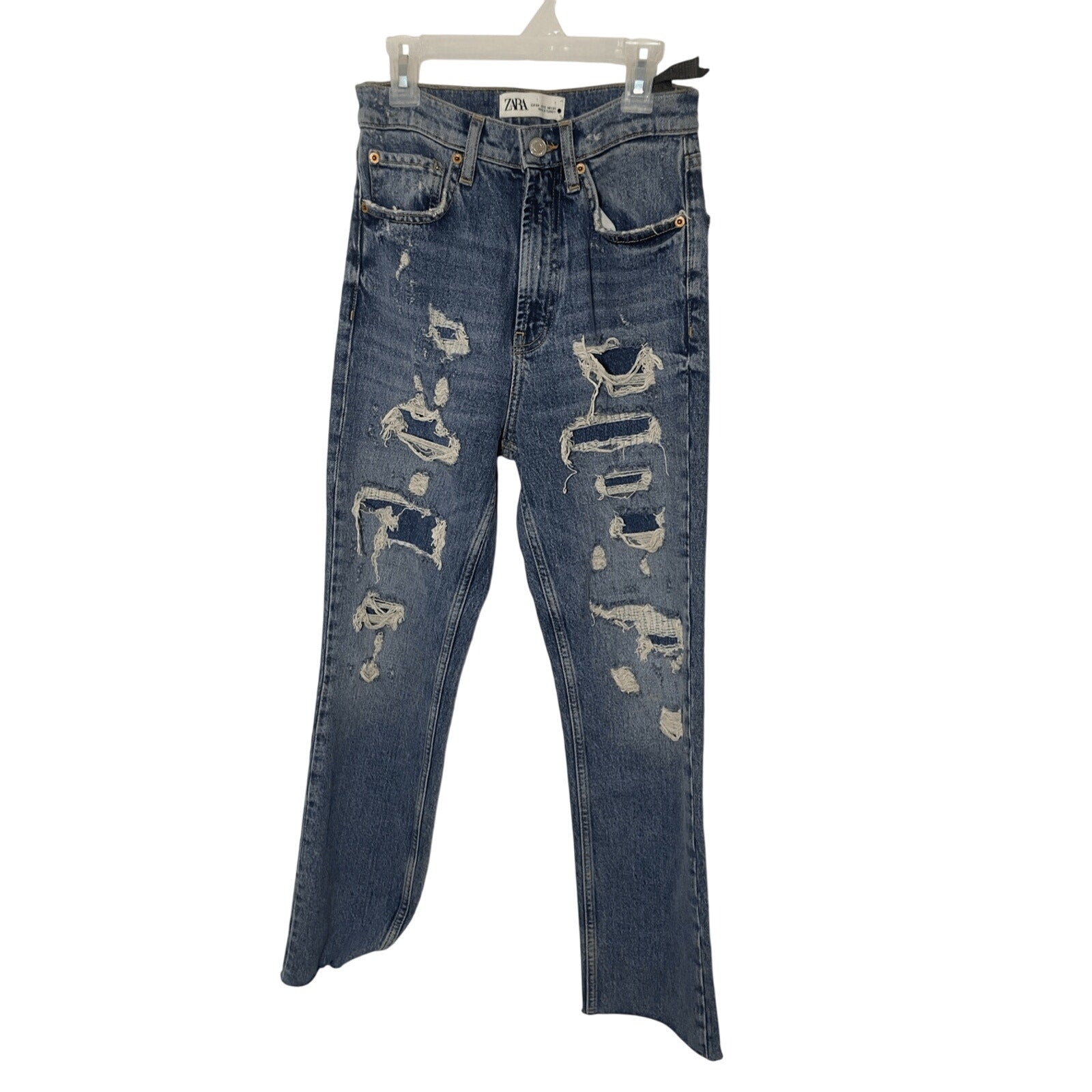 NWT Zara High Waisted Kick Crop Faux Distressed Jeans Casual Dark Wash Denim