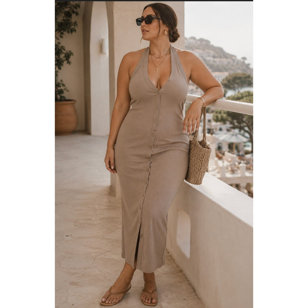 Timing Large New Halter Bodycon Nude Midi SunDress Fitted Preppy Casual Minimal