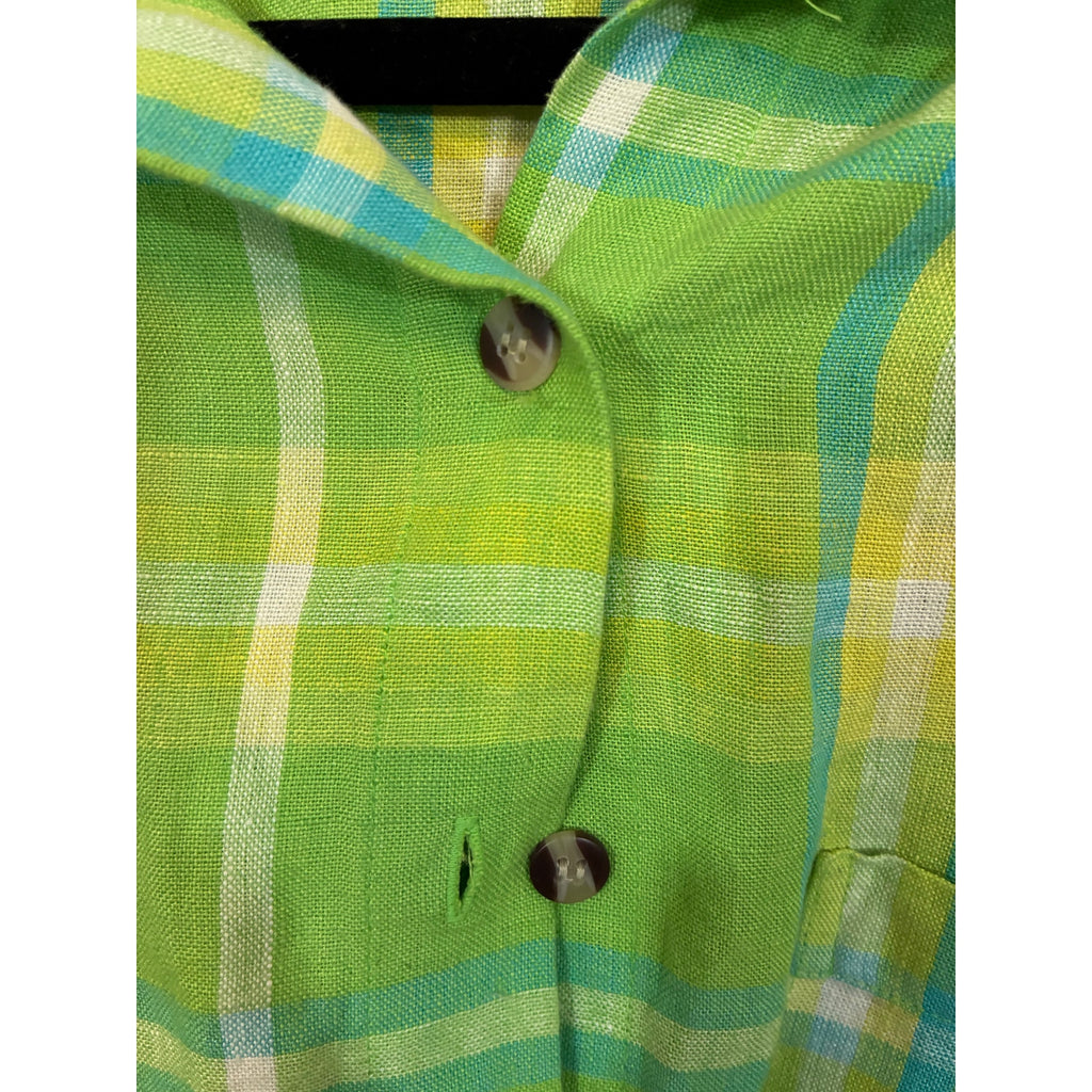 Real Comfort Green Linen Plaid Shirt Lightweight Button Down Casual Minimalist L
