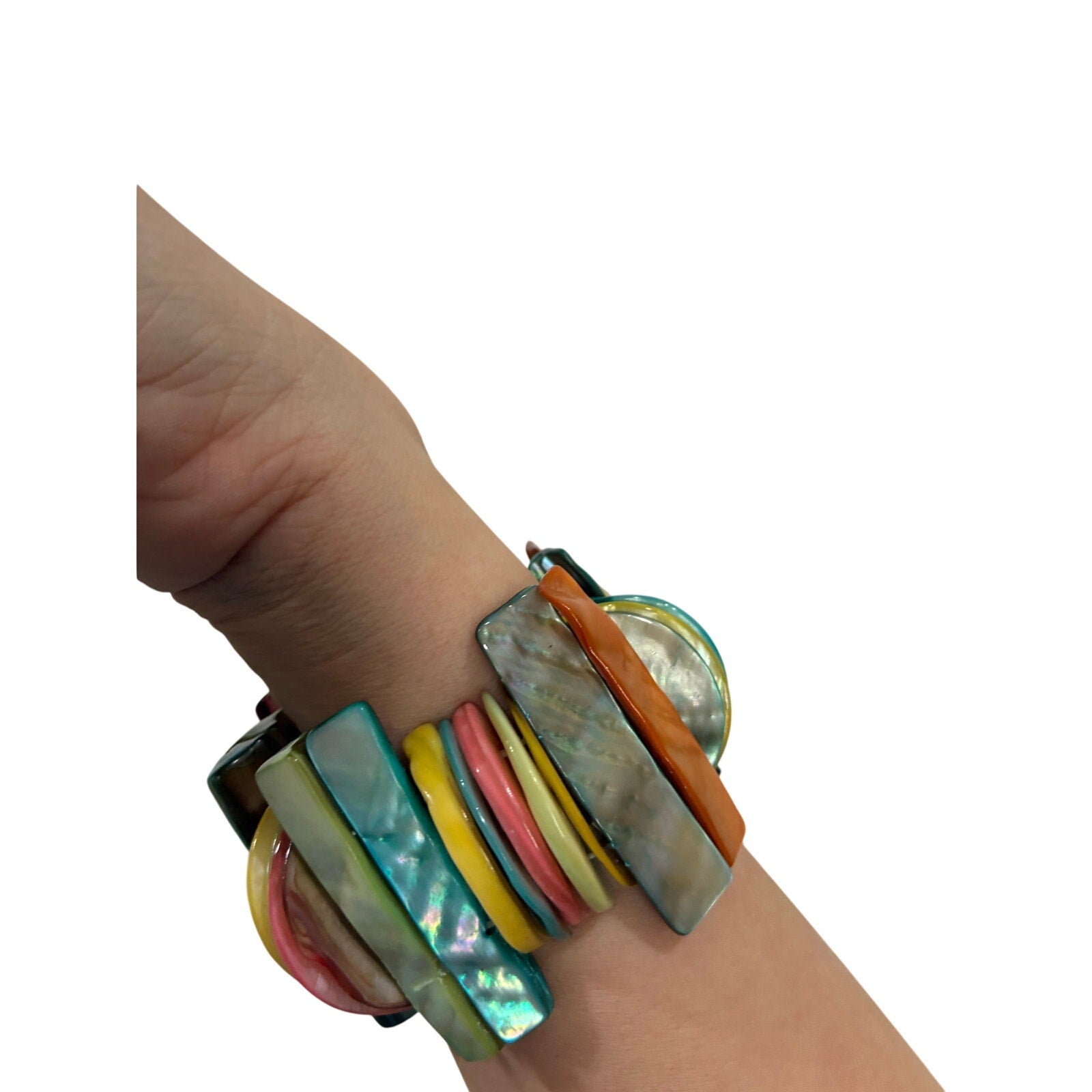 Beaded Mother of Pearl Stretch Bracelet Rainbow Faux Stone One Size Stretchy
