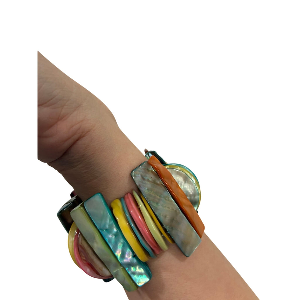Beaded Mother of Pearl Stretch Bracelet Rainbow Faux Stone One Size Stretchy