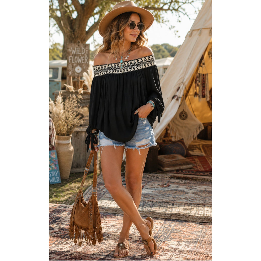 Off Shoulder Embroidered Kim & Cami Large  Boho WoodstockCotton Blouse