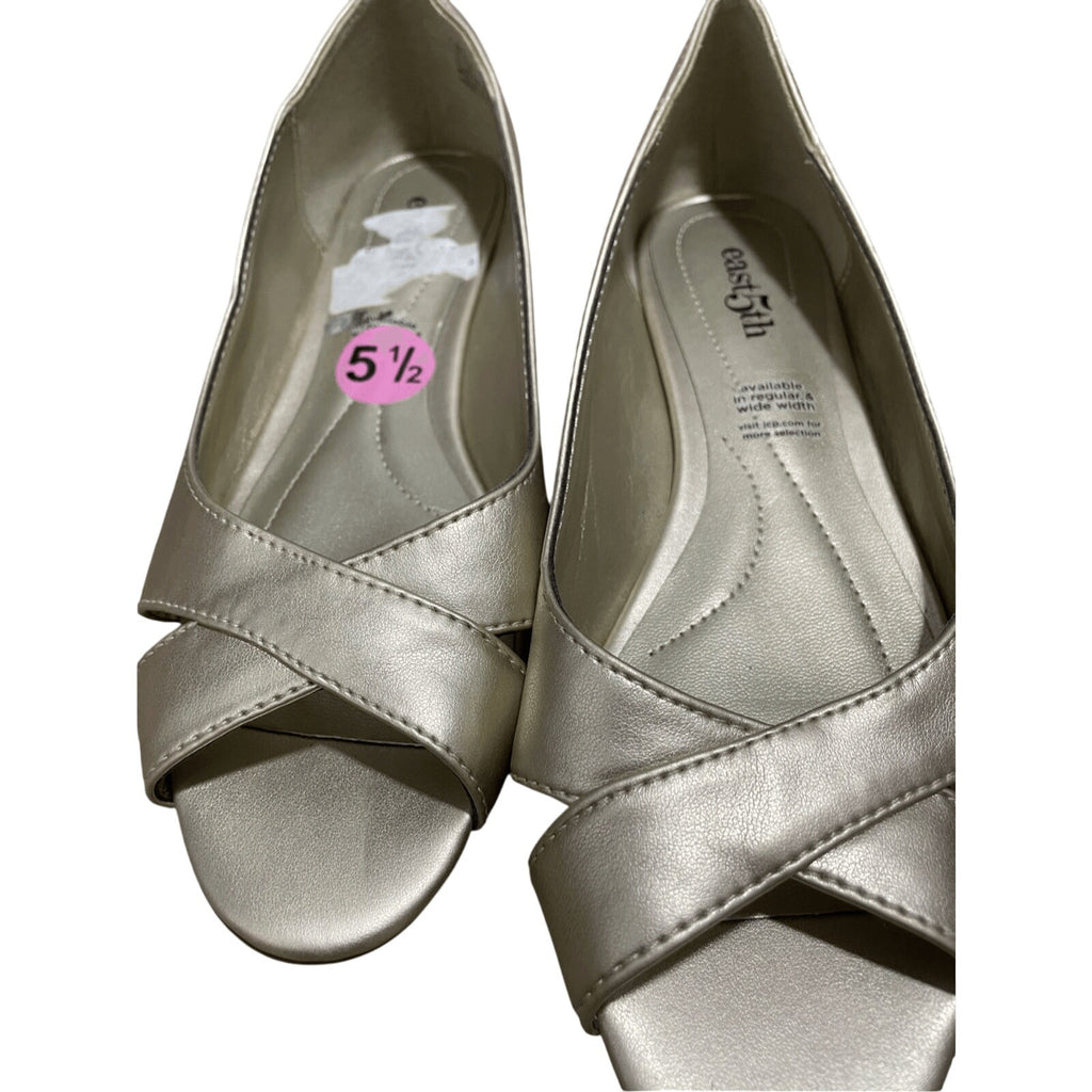NWOT East 5th Peep Toe Slip On Gold Flats Minimalist Preppy Formal Glam Regency