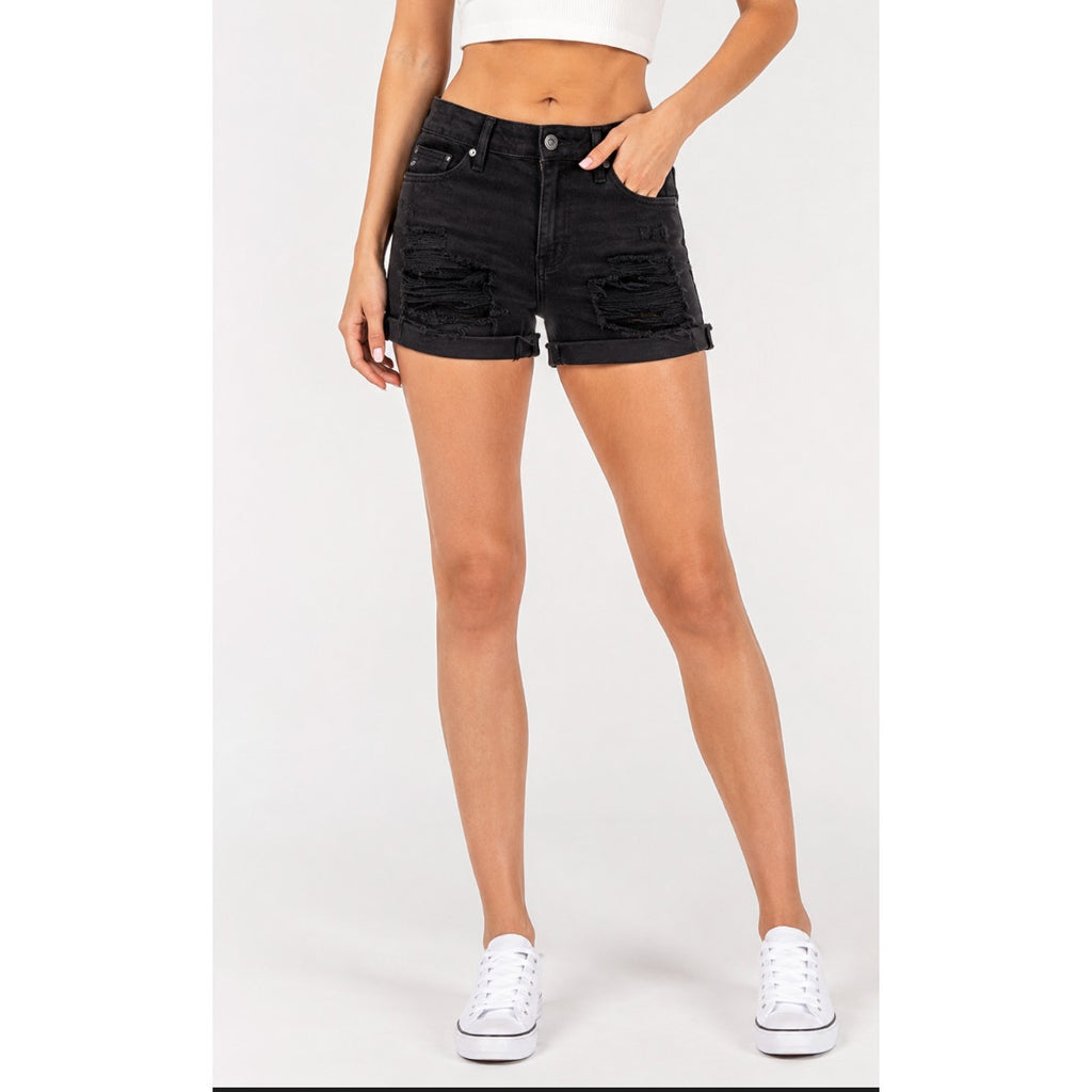 Kancan Distressed  Grunge Emo Black High Rise Mom Jean Shorts