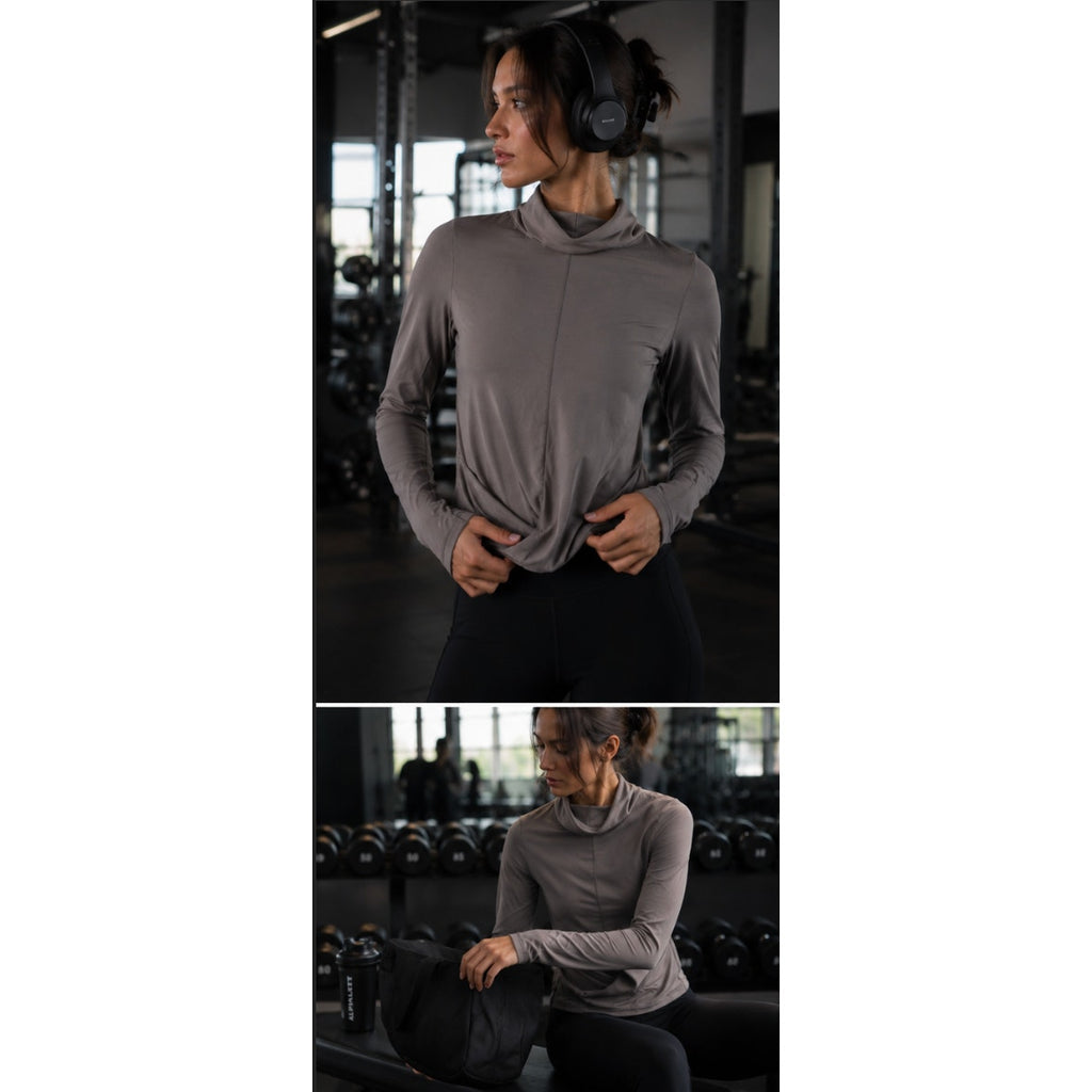 Taupe Gray Athletic Twist Front Top Women’s 4 Gorpcore Activewear Long Sleeve