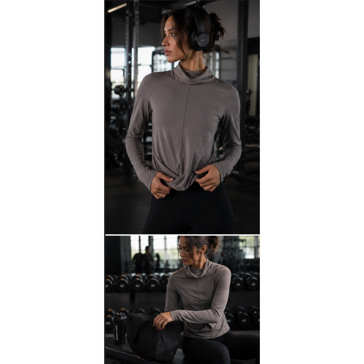 Taupe Gray Athletic Twist Front Top Women’s 4 Gorpcore Activewear Long Sleeve