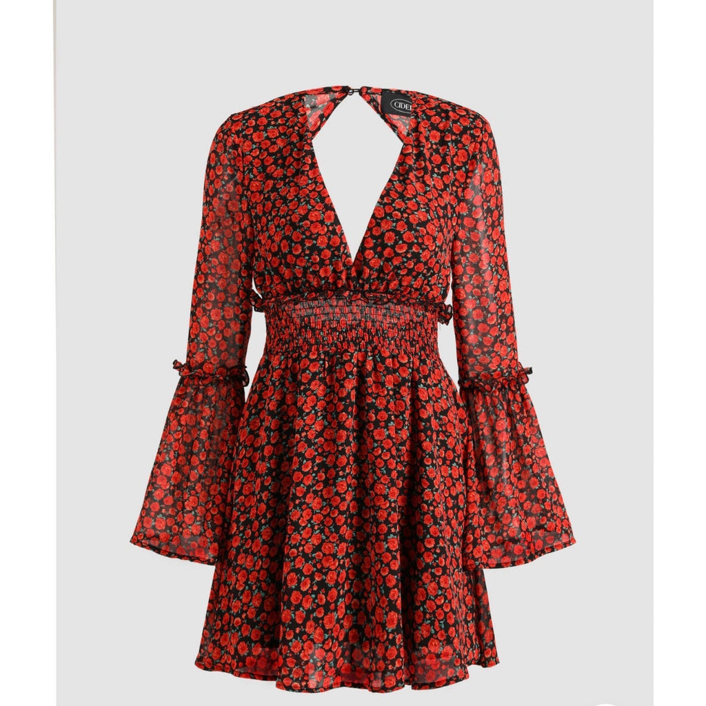 Cider Floral Mini Dress XS Red Black Goth Whimsygoth Bell Sleeve Smocked Grunge