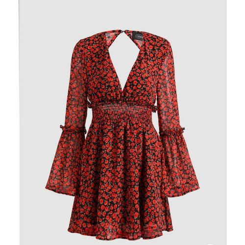 Cider Floral Mini Dress XS Red Black Goth Whimsygoth Bell Sleeve Smocked Grunge