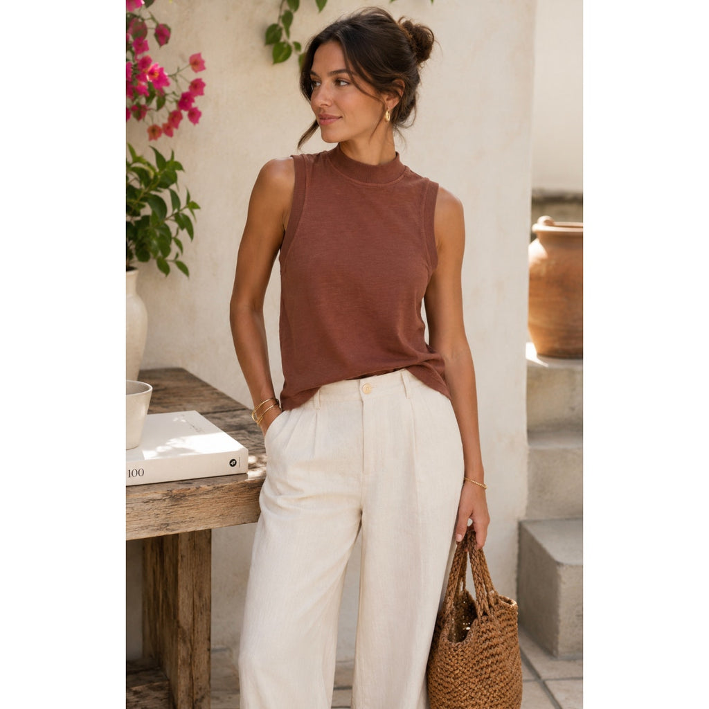 Anthropologie Womens Brown Red Jia Seamed Mock Neck Tank Top Sleeveless Small