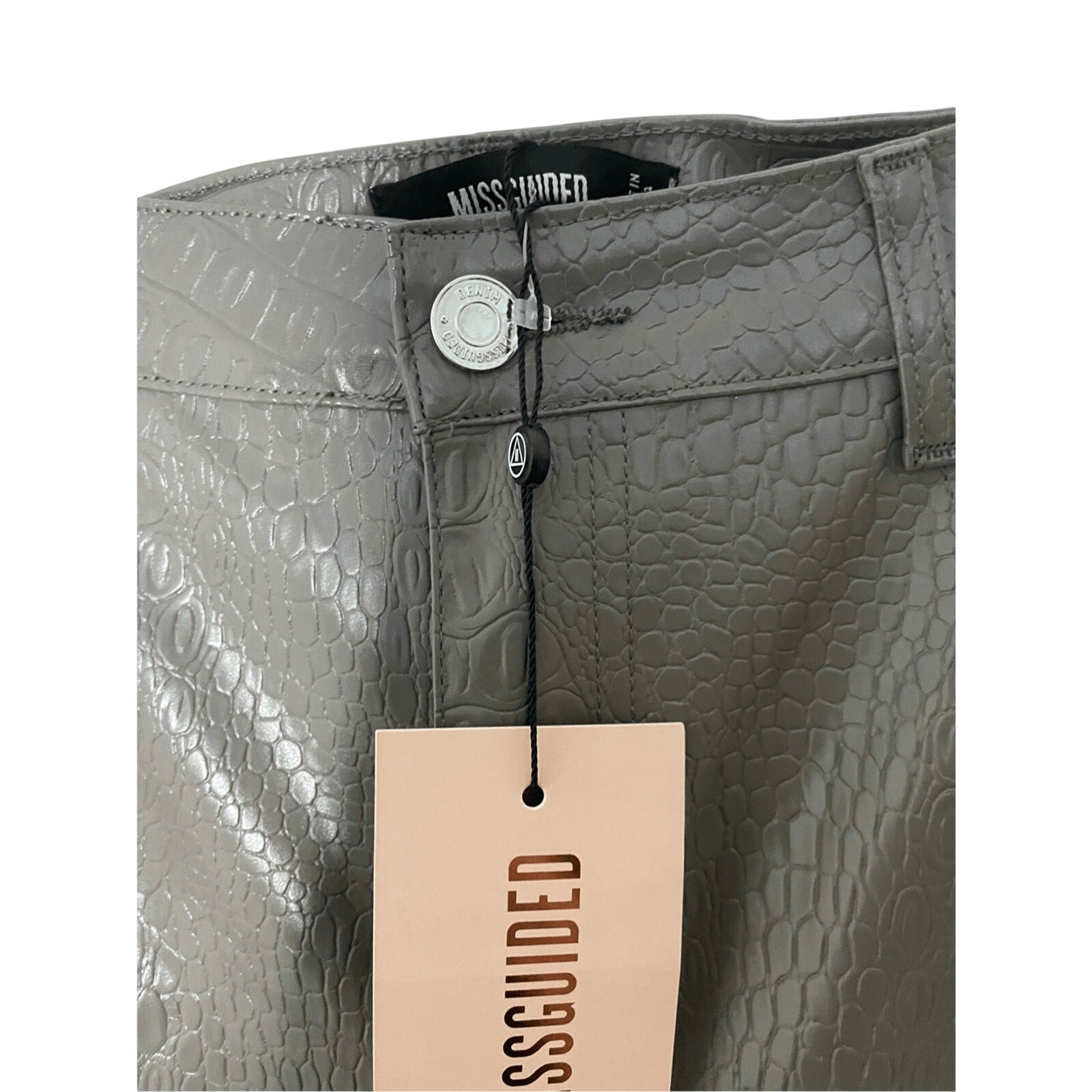NWT MISGUIDED Crocodile Slim Faux Leather Grey Pants 2 Influencer Animal Retro