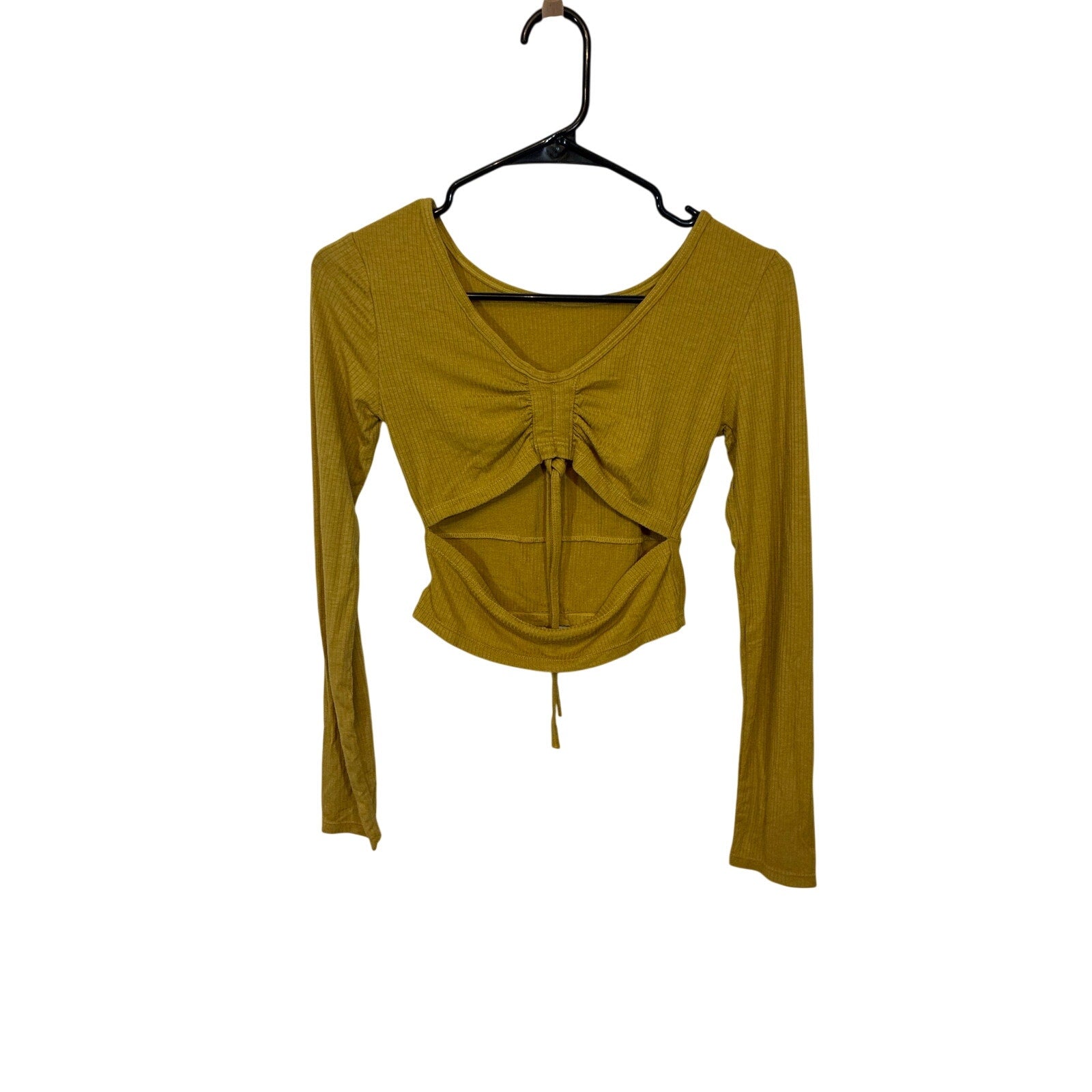 Olive Mustard Ribbed Knit Cutout Crop Top Ruched Front Small Concert Festival