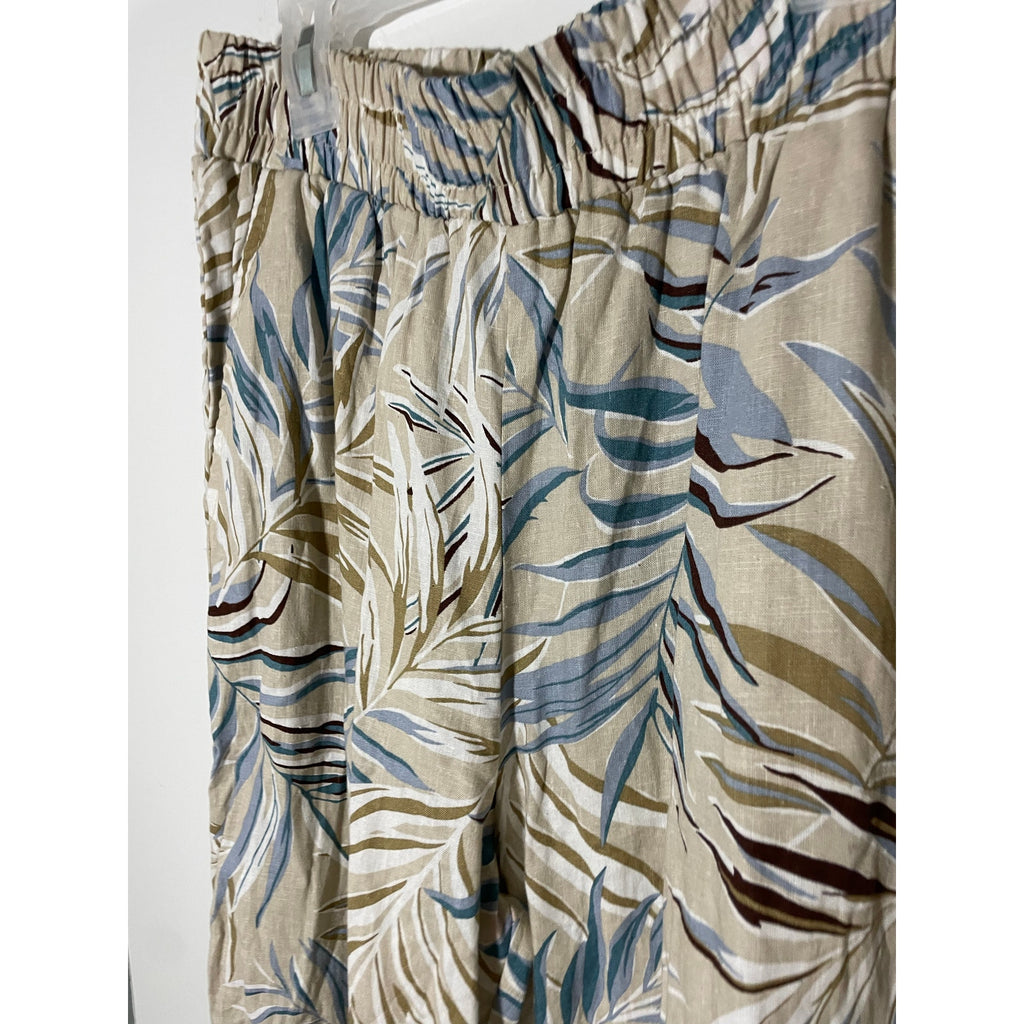C&C California Tan Leaf Pattern Hawaiian Style Elastic Casual Pants Linen Small